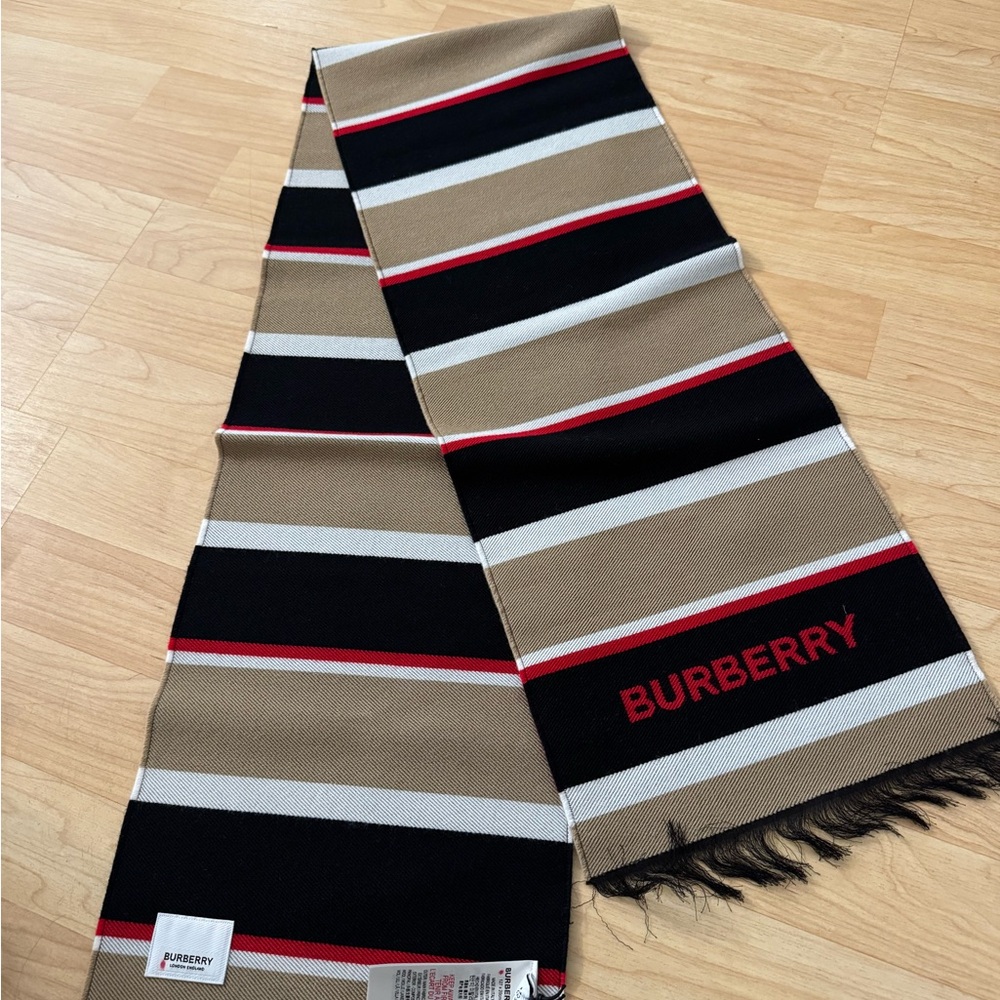 Burberry Black and Tan Striped Scarf with Fringe